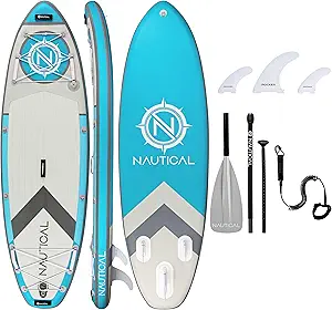 iROCKER Nautical Kids Inflatable Stand Up Paddle Board, 9' Long 32" Wide 6" Thick SUP with Premium Bag, 67.3" Paddle, Pump, Leash, and Removable Nylon Fins